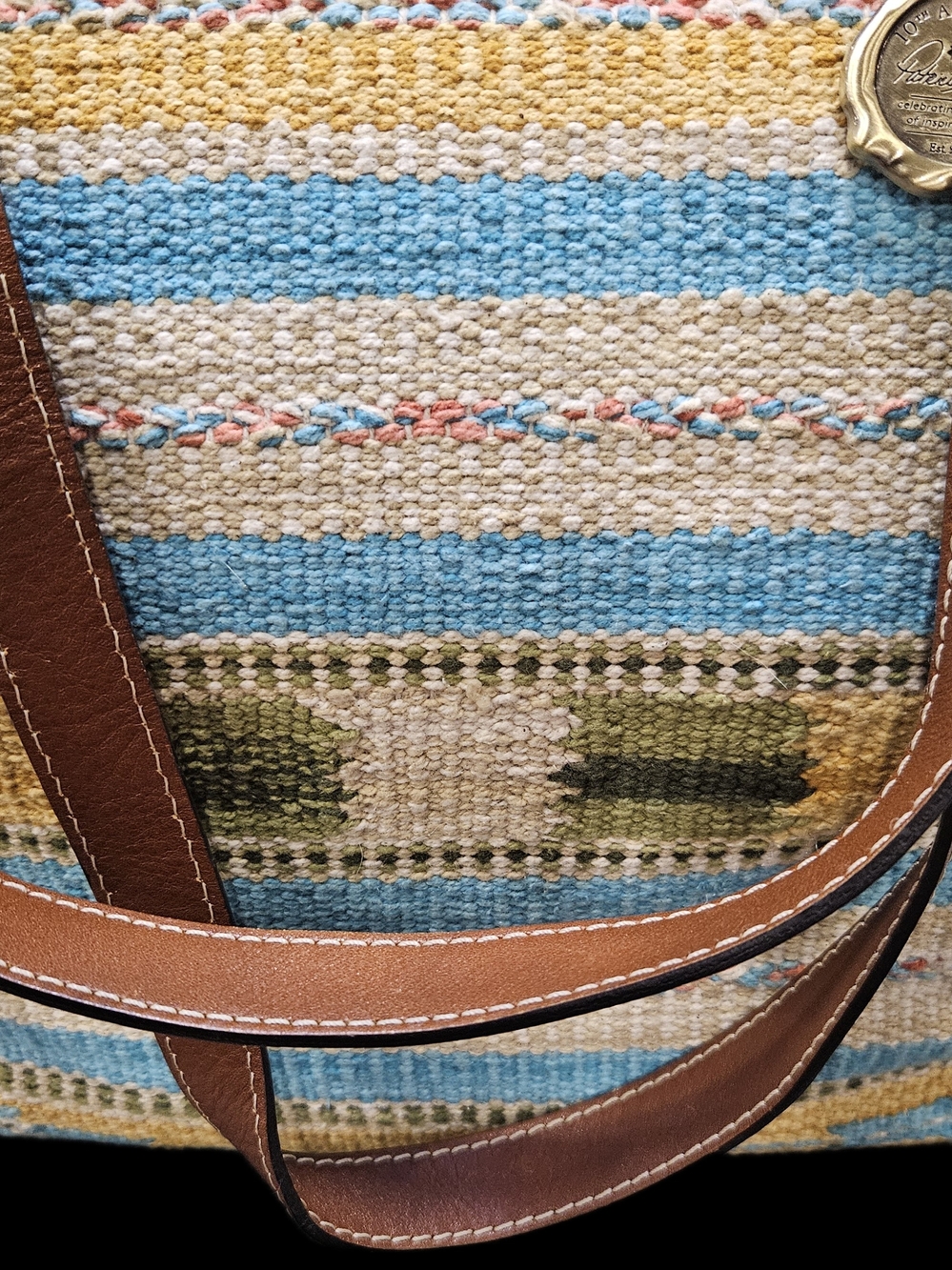 Patricia Nash Striped Canvas Tote in Blue, Green, Cream with Brown Trim